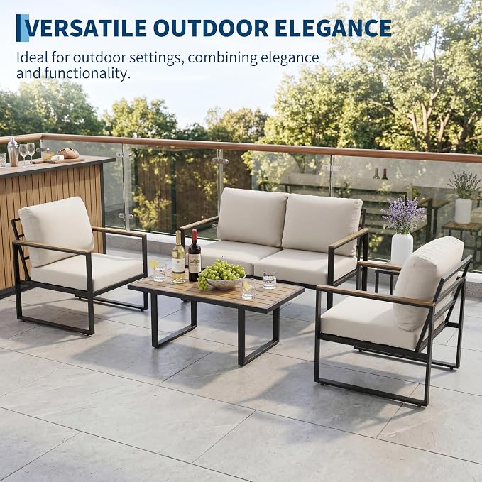4-Piece Outdoor Patio Furniture Set, Conversation Sofa Set with Table, Metal Frame, All-Weather, UV Resistant & Waterproof Couch for Garden, Balcony, Backyard