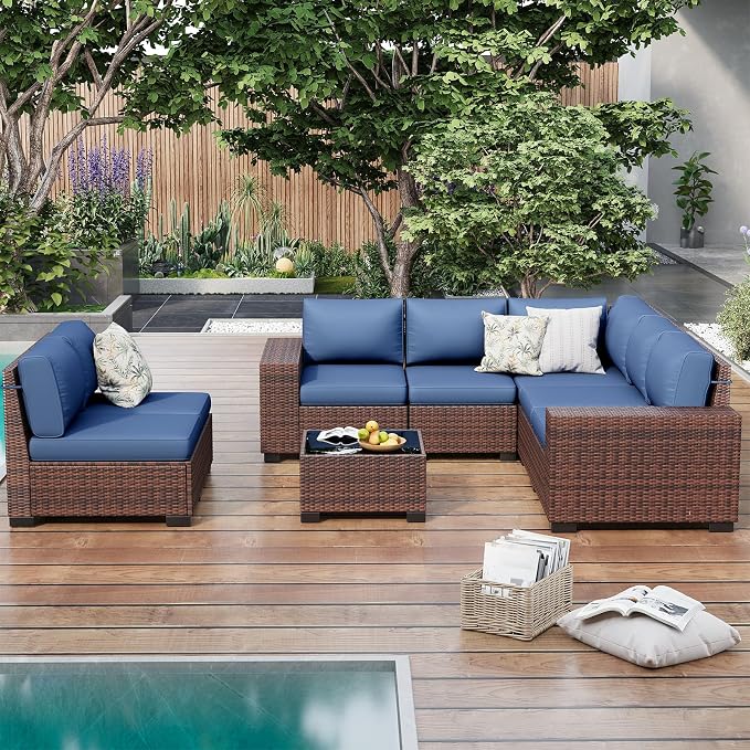 Outdoor Patio Furniture Set, Wide Outdoor Sectional Rattan Sofa Set, Wicker Patio Conversation Set w/Cover for Deck, Poolside, Porch, 8 PC (Brown & Navy)