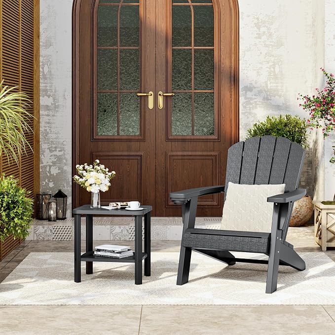 KAMABOKO Outdoor Side Table Set of 2, 2-Tier Adirondack Square Patio Table, HDPE End Tables for Backyard Pool Porch Lawn, Easy Maintenance & Weather Resistant, Black
