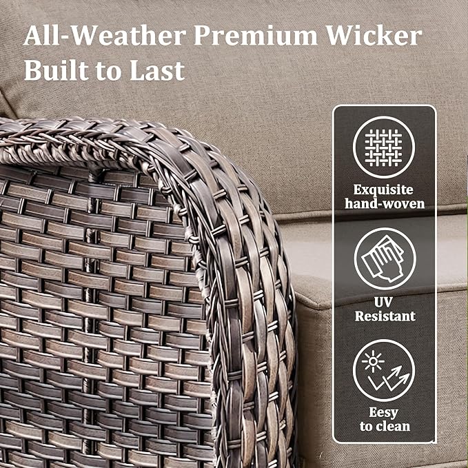 Luxury Outdoor Swivel Rocker Patio Chairs Set of 3, High Back Swivel Patio Chairs with Side Table & 6-Inch Thick Cushions, Wicker Outdoor Bistro Set for Porch, Yard, Deck, Poolside, Grey/Beige