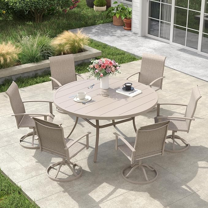 VICLLAX 53" Round Patio Table, Outdoor Dining Table for 8 with Umbrella Hole for Garden Lawn Deck Backyard, Sandshell