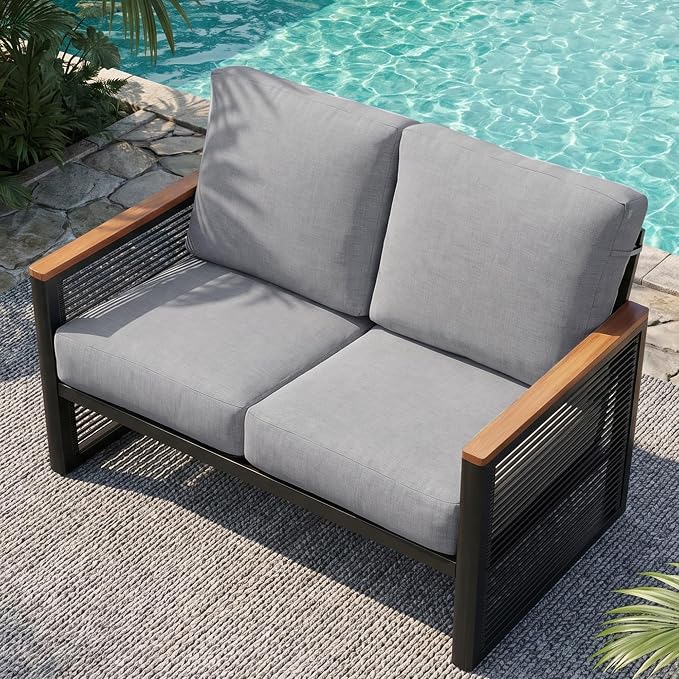 NATURAL EXPRESSIONS Aluminum Patio Loveseat Sofa, Outdoor Couch Furniture with Fauxwood Armrest, 6" Olefin Cushion, Rattan Side-armrest, All-Weather Outside Couch for Porch, Yard, Balcony, Deck