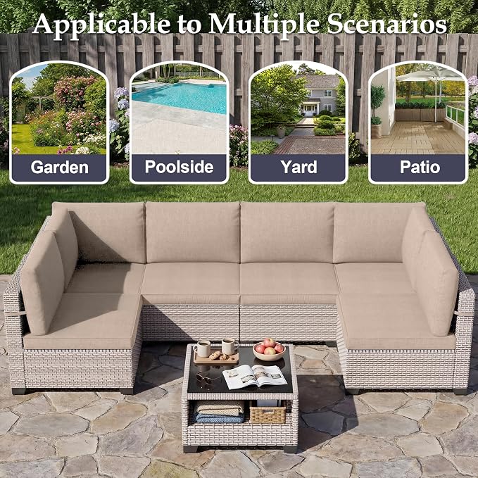 Patio Furniture Set, 8-Piece Outdoor Sectional Sofa with 60,000 BTU Fire Pit Table & 2-Layer Glass Coffee Table, Wicker Patio Conversation Set with Khaki Cushions