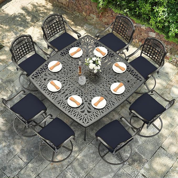 VIVIJASON 9-Piece Outdoor Dining Furniture Set, Cast Aluminum Patio Table & Chairs Set for 8, Include Large 64" Square Dining Table and 8 Swivel Rocker Chairs with Umbrella Hole, Navy Blue