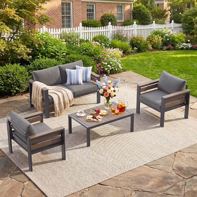 DoCred Aluminum Patio Furniture Set, 4-Piece Modular Patio Conversation Set with Widened Armrests and Thickened Cushions, Metal Outdoor Furniture Set for Porch, Balcony, Deck, Yard, Poolside
