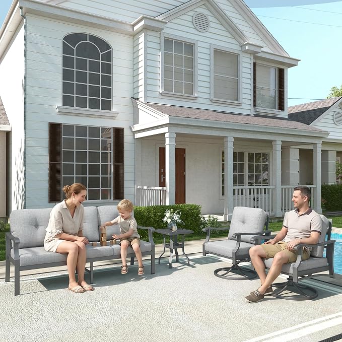 4 Piece Patio Furniture Set, Metal Outdoor Conversation Set w/3-Seat Sofa, 2 Rocking Swivel Chairs, Side Table, Patio Bistro Set w/5" Thickened Cushions for Porch Yard Poolside, Gray