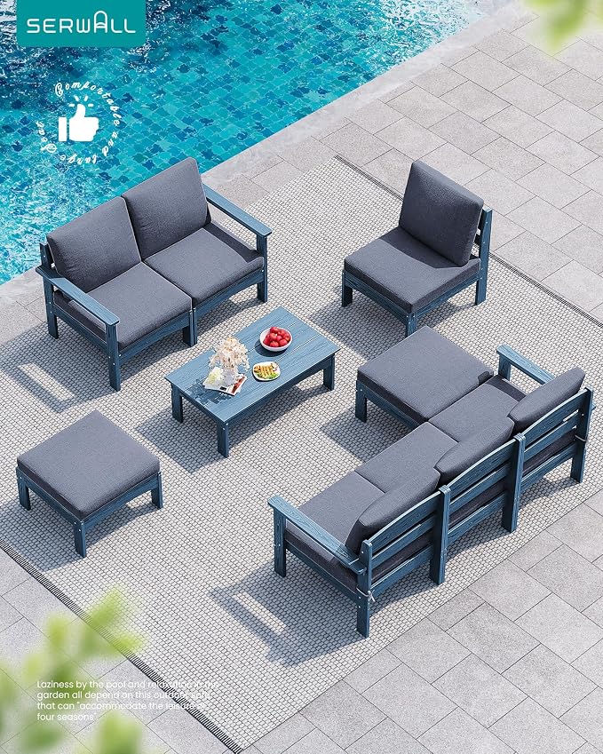 SERWALL 2 Pieces Patio Sofa Set, Durable HDPE Outdoor Lounge Sofa with Removable Cushions and Ottoman, Modern Modular Conversation Set for Porch or Balcony, Blue Frame with Grey Cushion