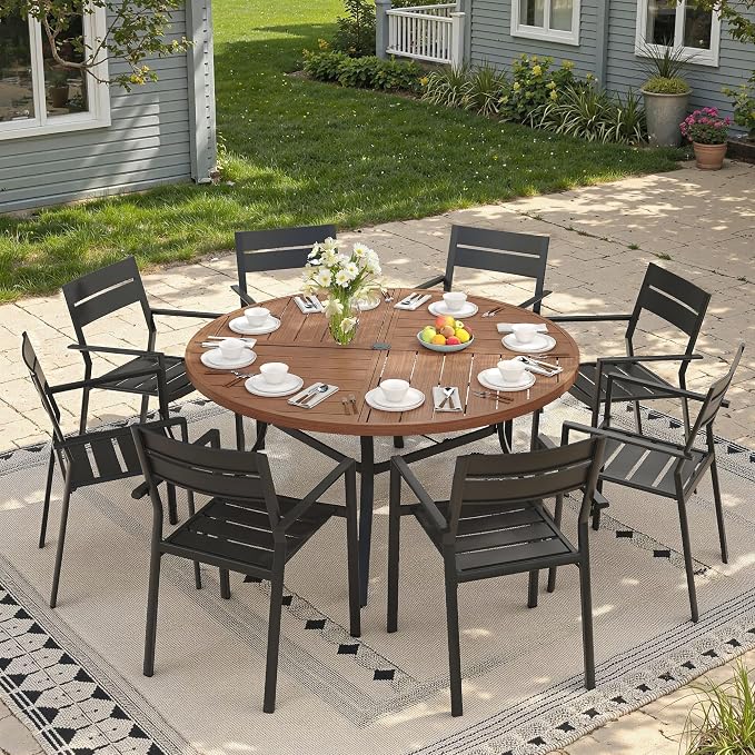 53.1" Outdoor Dining Table with Adjustable Umbrella Hole, Metal Slatted Round Patio Dining Table for Backyard Garden Deck, Walnut