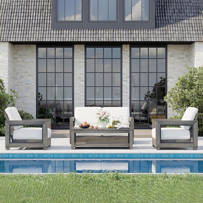 HAPPATIO Oversized Aluminum Patio Furniture Set, Outdoor Conversation Set 4 Pieces with Loveseat and Coffee Table, Extra Large Seat with Thicken Cushion for Backyard Poolside, Grey