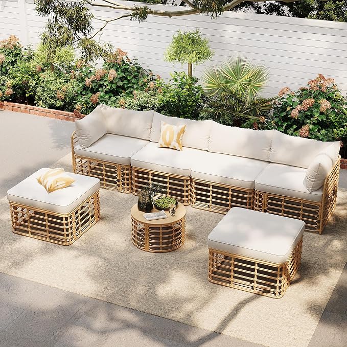 LUMISOL 7 Piece Patio Furniture Set, All-Weather Rattan Sectional Sofa Set with Thick Cushions and Pillows, Freely Combined Conversation Sets for Garden, Backyard, Balcony, Beige