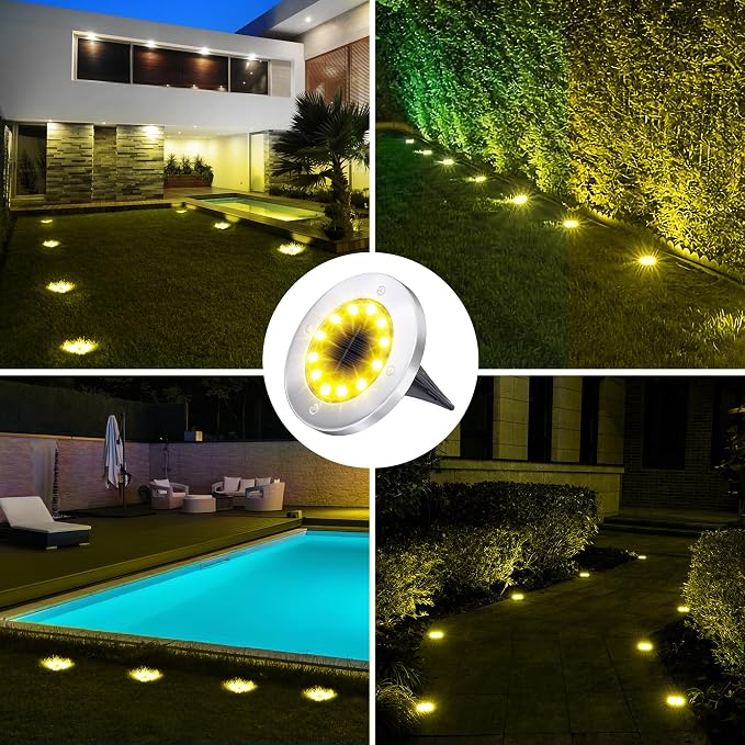 Biling Solar Ground Lights Outdoor Bright Waterproof 12 Pack Warm White | Flat 12 LEDs Solar Lights Outdoor Longevity, Easy To Assemble and Use, for Yard Walkway Garden Driveway