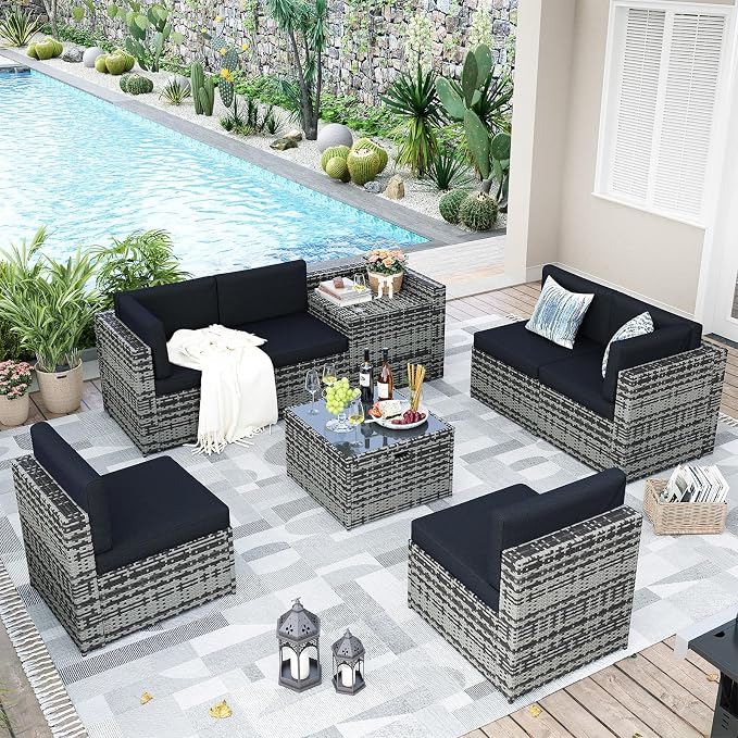 Aoxun 8 Piece Patio Furniture Set, Wicker Outdoor Furniture with Large Storage Table, Patio Conversation Sets with Waterproof Cover, Outdoor Sectional Sofas for Backyard Garden(Grey/Black)