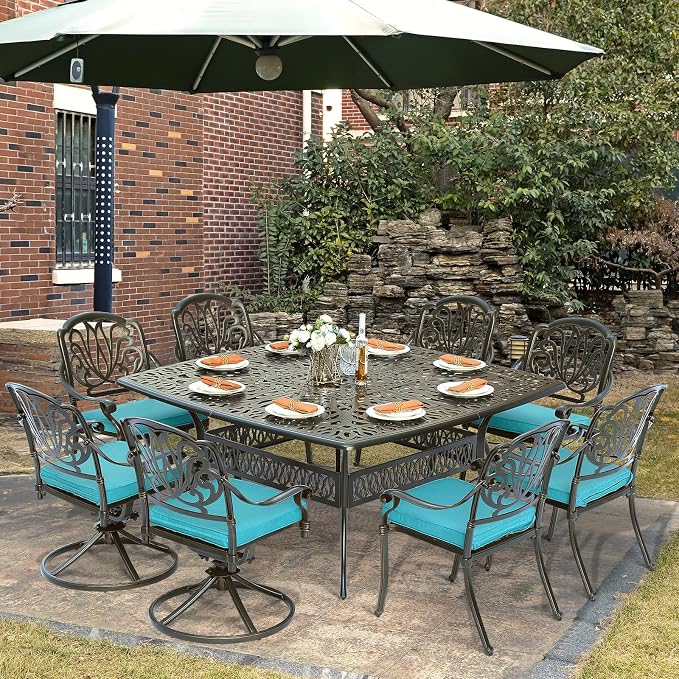 9-Piece Patio Cast Aluminum Dining Set, Outdoor Dining Furniture Set for 8 Person, Includes 64" Square Table, 4 Stationary and 4 Swivel Dining Chairs with Umbrella Hole, Ocean Blue