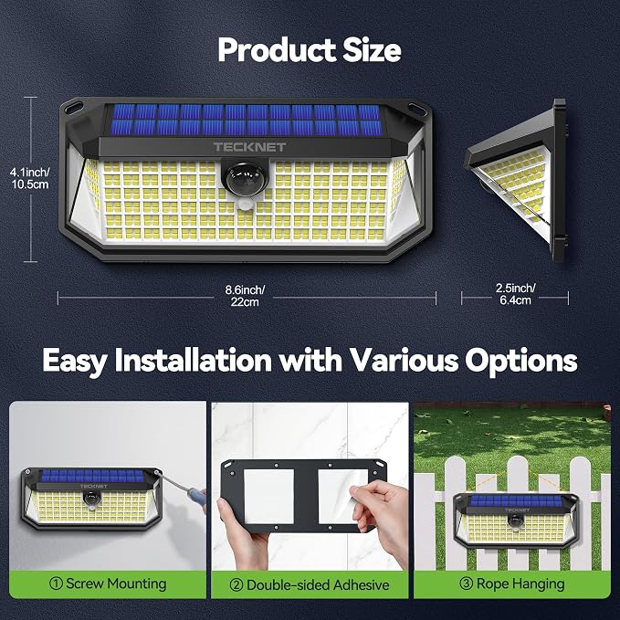 TECKNET 416 LED Solar Lights Outdoor Motion Sensor Waterproof 4200lm,6 Pack | IP66 Waterproof, 300° Wide Angle & 3 Modes Motion Sensor Solar Flood Wall Lights for Patio, Fence, Deck, Garage & Street