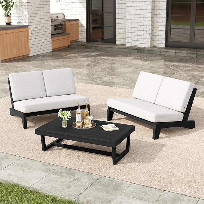 3 Pieces Patio Furniture Sets, All-Weather Outdoor Wood Bistro Set Patio Conversation Coffee Table Chiars and Patio Loveseat for Balcony, Backyard