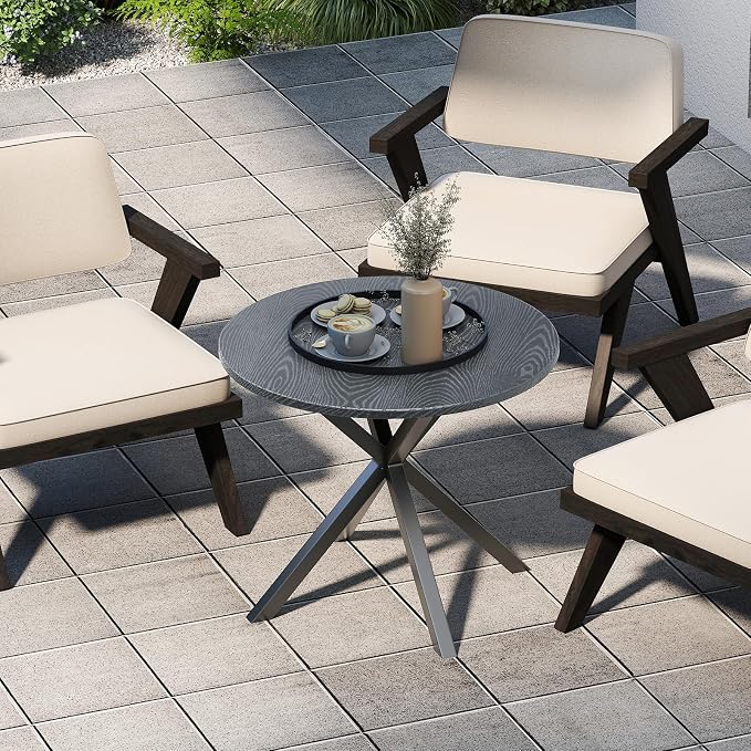 34” Round Dining Table, 4 Person Kitchen Table with Wood-Like Tabletop & X-Shaped Metal Frame, Indoor-Outdoor Coffee Table for Backyard, Balcony, Poolside, Garden, Lawn