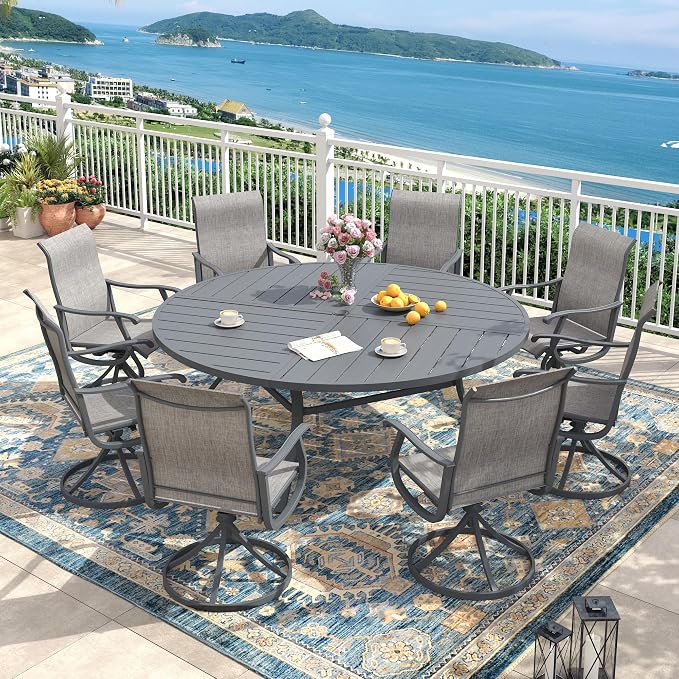 63" Outdoor Dining Table with Adjustable Umbrella Hole, Metal Slatted Round Patio Dining Table for Backyard Garden Deck, Dark Grey