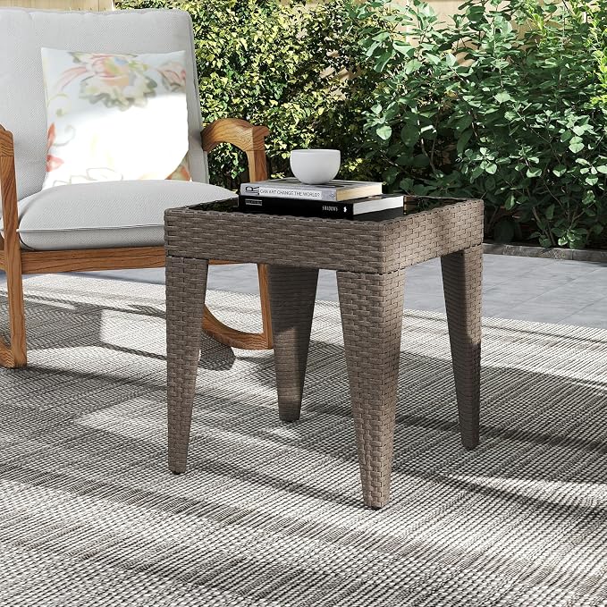Outdoor Small Patio Table - PE Rattan Coffee Table, Wicker Side Table for Patio, Balcony & Porch, Durable & Iron Frame (1, Rattan Sesame)