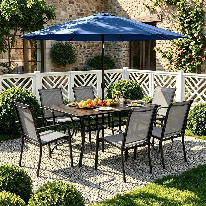 Crownland 7 Piece Patio Dining Set, Outdoor Textilene Dining Sets, 6 Textilene Metal Chairs and Rectangular Outdoor Dining Table with Dark Blue 9FT Round Outdoor Umbrella (Grey)