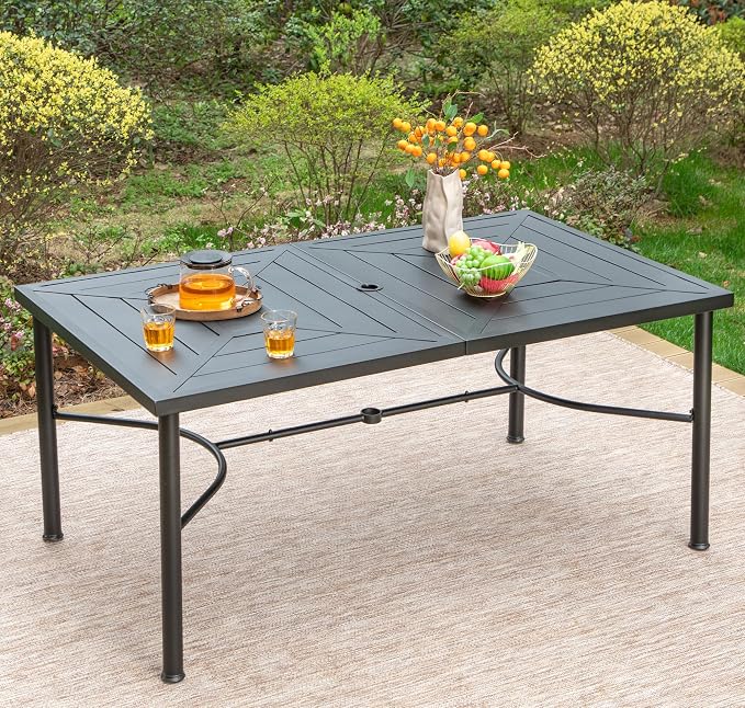 HERA'S HOUSE 64" Outdoor Dining Table with Umbrella Hole, Rectangular Patio Garden Backyard Lawn Table