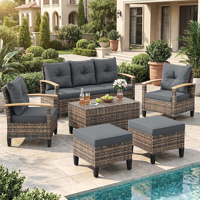 UDPATIO Patio Furniture Set, 6 Pieces Outdoor Wicker Conversation Set with 2 Ottomans & Storage Table for Lawn, Porch, Garden, Backyard, Grey