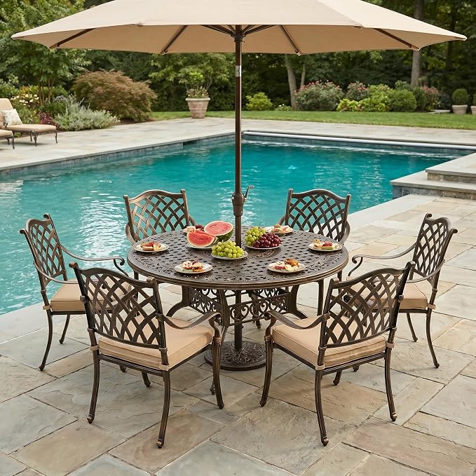 7 Piece Outdoor Dining Set Cast Aluminum, Retro Patio Dining Furniture Set for 6 Includes 54’’ Round Table 6 Chairs with Thicker Cushion and Umbrella Hole for Patio Deck Garden