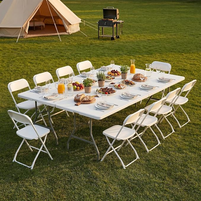 Sweetcrispy 8 FT Folding Picnic Table with 10 White Folding Chairs, Easy to Fold and Store, Foldable Table for Camping Picnic Dining Party Kitchen Outdoor Indoor with Carrying Handle