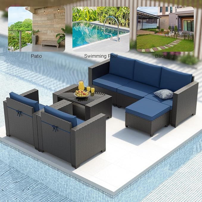 Patio Furniture Set, 7PCS Outdoor Sectional with Ottoman Wicker Rattan Patio Couch with Thickened Cushion Modular Wicker Patio Conversation Set with Glass Top Table for Balcony, Backyard (Dark Blue)