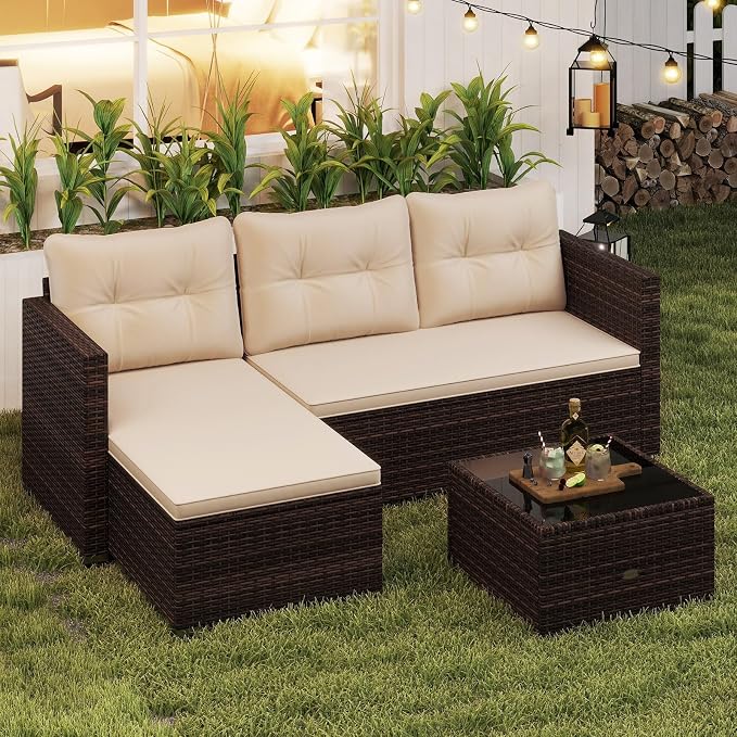 RELAX4LIFE Wicker Patio Furniture Set - PE Rattan L-Shaped Sectional Sofa Seating w/Soft Cushions, Tempered Glass Coffee Table, Outdoor Conversation Couch Set for Backyard Garden Porch Balcony