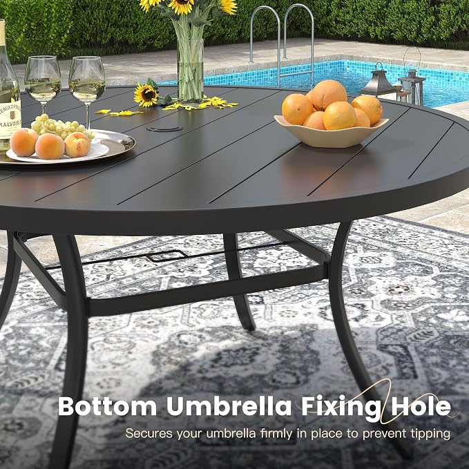 VICLLAX 9 Pieces Patio Outdoor Dining Set, 53" Round Metal Table with Umbrella Hole and 8 Stackable Textilene Chairs for Patio, Lawn, Garden, Porch, Black/Dark Blue