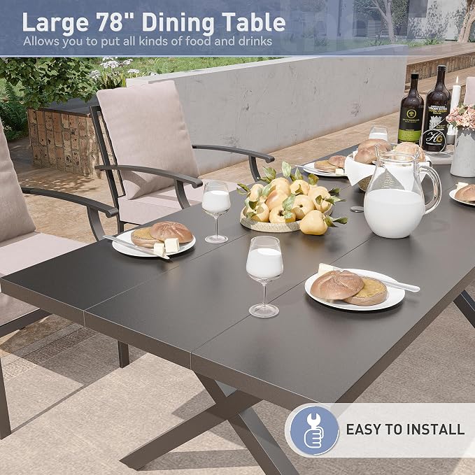Kurapika 7-Piece Outdoor Dining Set, Includes 1 Large Metal Table with Umbrella Cutout and 6 Fixed Metal Chairs, for Decks, Yards, Gardens, Porches, Sand