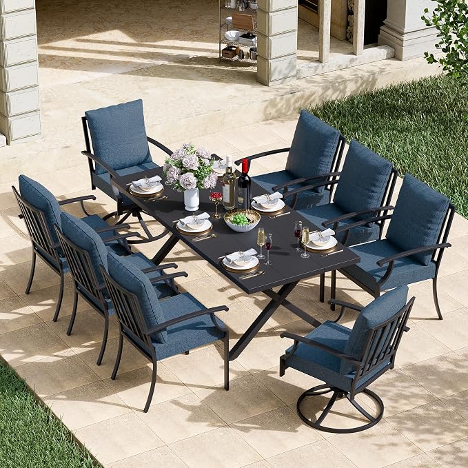 Kullavik 9 Pieces Outdoor Dining Set,Patio Dining Table and Chairs Set for 8,Fence Pattern Back Chairs with Thickened Cushions & Rectangular Metal Dining Table with Umbrella Hole for Patio,Navy Blue