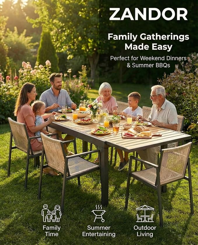 ZANDOR Expandable Patio Dining Table for 4-8 People, Aluminum Outdoor Square Table(55"-82.7") with Safety Lock,Adjustable Height-Wood Grain for Backyard,Garden,Porch, Yard,Poolside,Grey