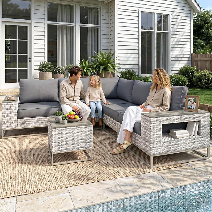 Outdoor Patio Furniture Set 8 Piece Gray PE Rattan Wicker Outdoor Sectional Sofa with Thickened Cushions and Chunky Arms, Modern Modular L-Shaped Conversation Set for Garden, Backyard, Slate Grey