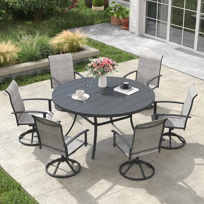 VICLLAX 53" Round Patio Table, Outdoor Dining Table for 8 with Umbrella Hole for Garden Lawn Deck Backyard, Dark Grey