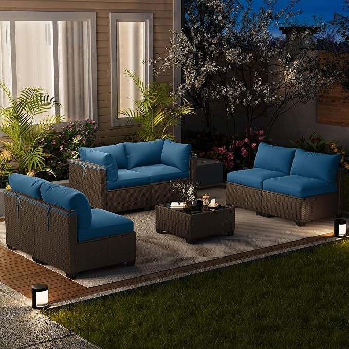 LOUVIXA 7 Piece Outdoor Patio Furniture Set, Outdoor Sectional Sofa, Wicker Rattan Patio Furniture, Patio Conversation Set with Coffee Table & Cushions
