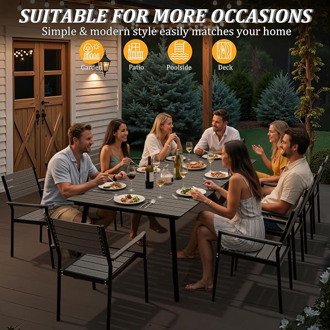 95" Patio Outdoor Dining Table for 8-10, Weather-Resistant Wood-Grain Top with Aluminum Frame & Umbrella Hole for Deck Gatherings, Grey