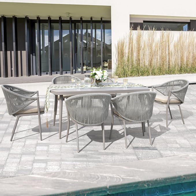 NUU GARDEN Outdoor Dining Table with 1.97" Umbrella Hole, All Weather Metal Outdoor Patio Table, 6-Person Aluminum Slat Rectangle Dining Table, Bistro Table for Garden, Backyard, Beige