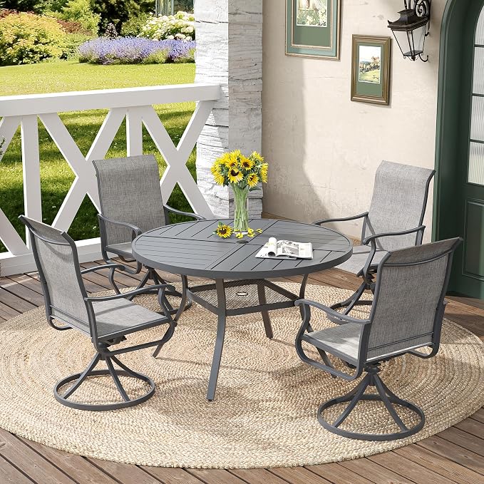 DIFY 40.6" Round Outdoor Patio Dining Table for 4, All-Weather Metal Steel Slatted Patio Table with 1.57" Adjustable Umbrella Hole, for Lawn Garden Porch Backyard, Grey