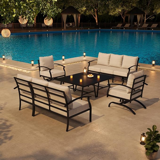 Metal Patio Furniture Set,6 Pieces 8 Seats Patio Sectional Outdoor Furniture Set with 2 Rectangular Coffee Tables,Patio Conversation Sets with 5.1" Thickened Cushions,Sand