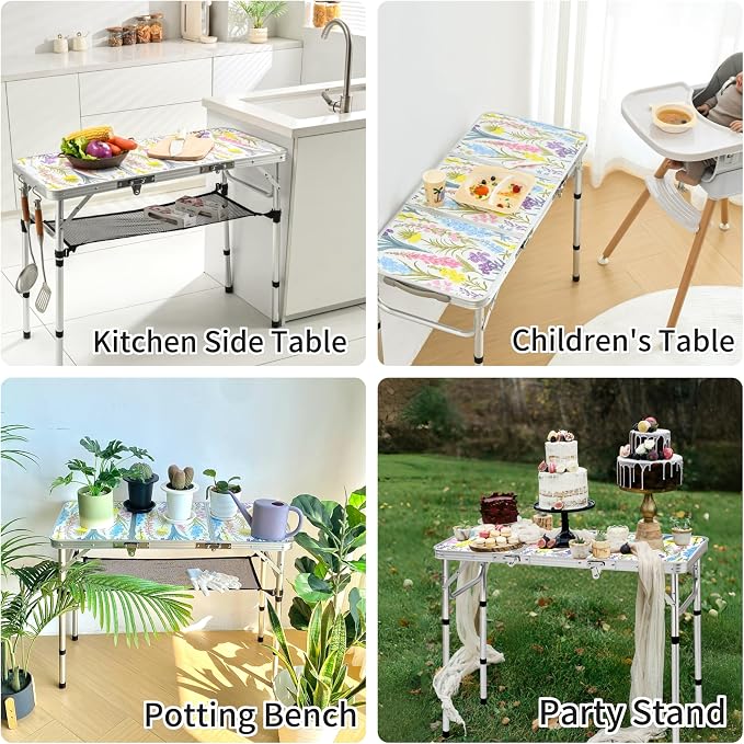 Yriuat Folding Camping Table 3ft Portable Picnic Table Adjustable Height Small Card Table Aluminum Foldable Lightweight with Carry Handle for Outdoor Indoor Hiking Camp BBQ Beach (Blooming Floral)