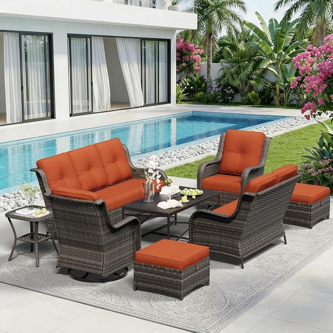 8 Piece Outdoor Wicker Patio Furniture Set, Outdoor Swivel Rocker Patio Chairs Set with Thickened Olefin Cushions, High Back and Deep Seating, Hand-Woven PE Rattan for Porch, Deck