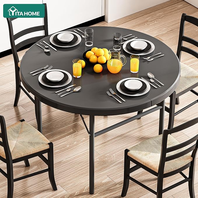 YITAHOME 48 Inch Round Folding Table with Carrying Handle, Portable Folding Round Table w/Heavy Duty Frame and Thick Tabletop for Indoor and Outdoor Dining, Camping, Parties, Picnics, BBQs, Black
