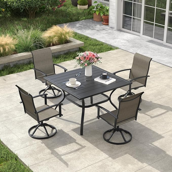 VICLLAX Outdoor Patio Dining Table for 4, Square Patio Table with Umbrella Hole for Patio Lawn Deck Backyard, Black Tabletop