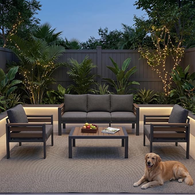 SUNYRISY Aluminum Outdoor Patio Furniture Set with Coffee Table, 4 Piece Outdoor Conversation Sets with Thick Cushions, Oversized Sectional Sofa Couch Set for Porch, Deck, Yard, Pool