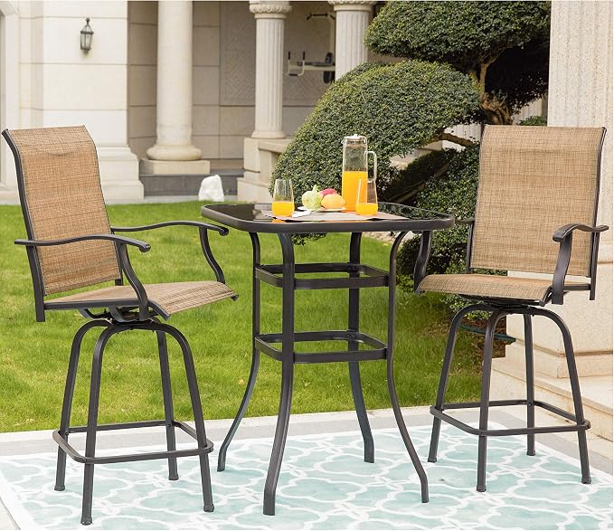 LOKATSE HOME Outdoor Bistro Bar Height Table Metal Frame Square Tempered Furniture Glass Top All Weather for Patio