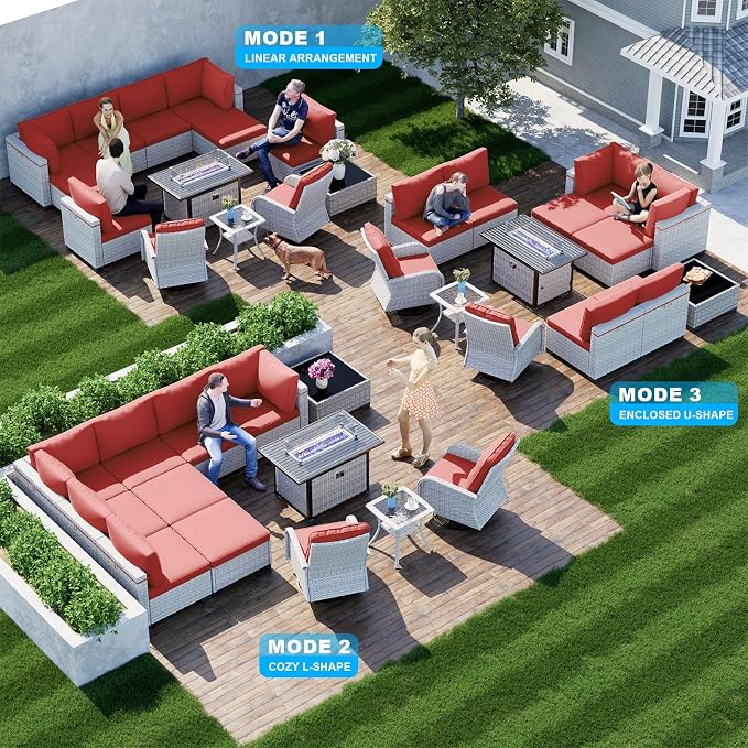 13-Piece Patio Furniture Set, Outdoor Patio Furniture with Swivel Chairs Set, Ottomans, 55,000 BTU Fire Pit Table, Modular Patio Sofa, Dual-Strand Wicker Rattan, Rust-Resistant Frame, Red