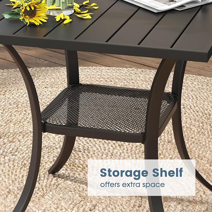 DIFY 3-Piece Outdoor Patio Bistro Dining Set, Walnut Small Square Dining Table & 2 Brown Stackable Metal Chairs with Breathable Fabric, Outdoor Furniture Set for Balcony, Porch, and Deck