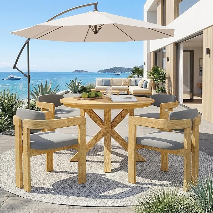 Christopher Knight Home Katy Modern 5 Piece Outdoor Dining Set, Round Dining Table Set for 4 with Chairs, Acacia Wood Patio Furniture Set with Barrel Chairs and Seat & Back Cushions, Grey+Natural