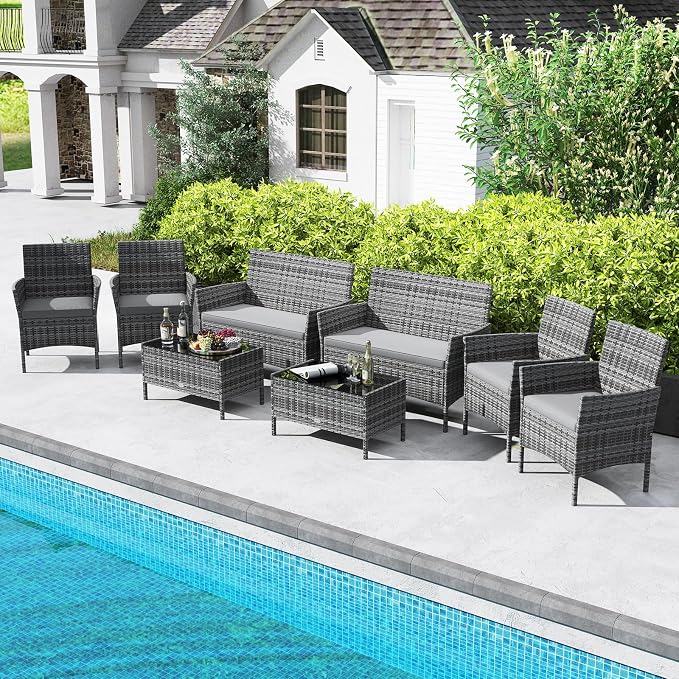 RELAX4LIFE 8-Piece Patio Furniture Set - Rattan Outdoor Conversation Bistro Set w/Cushions, Glass Coffee Table, Wicker Chairs & Loveseat for Garden Backyard Porch, Balcony Furniture Set (2, Mix Grey)